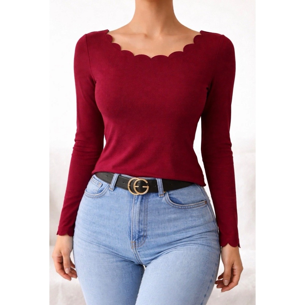 SHEIN Women's‎ Burgundy Scalloped Neck Long Sleeve Textured Top Size Large